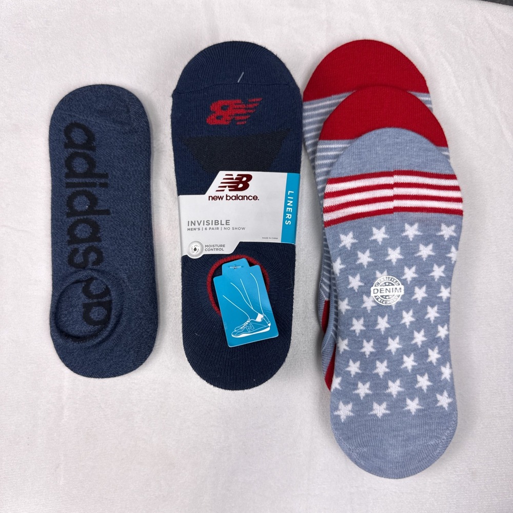 New Balance Men's No Show Socks 6 Pair Pack Navy Grey Plus Adidas Denim Bundle